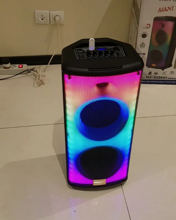 اسپیکر MX-DJ2651 با قابلیت TWS مکسیدر، رنگ مشکی و رنگین‌کمان، جنس پلاستیک، ایستاده، نوردار
