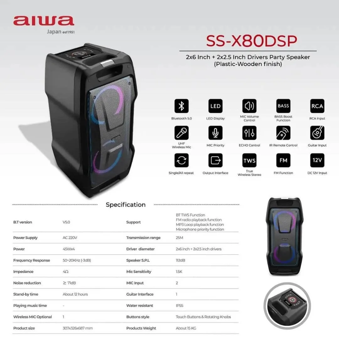 اسپیکر SS-X80DSP آیوا، رنگ مشکی، جنس پلاستیک، پرتابل دسته‌دار