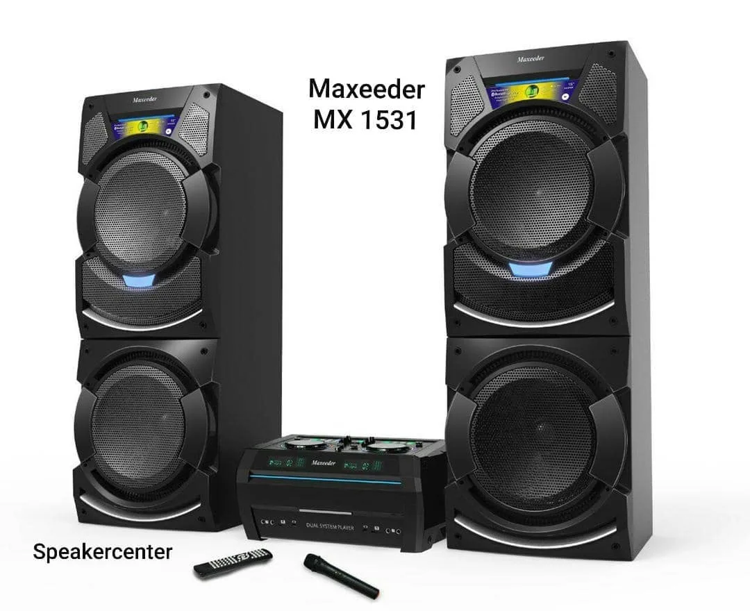 اسپیکر JS MX 1531 مکسیدر، رنگ مشکی، جنس پلاستیک و فلز، جفت اسپیکر ایستاده با دستگاه دی‌جی
