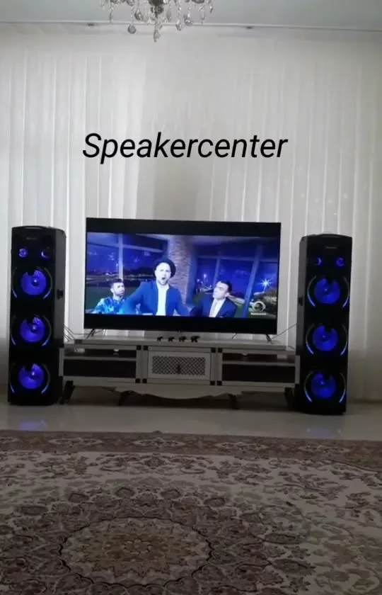 جفت اسپیکر چراغدار مکسیدر، رنگ مشکی و آبی، جنس پلاستیک، ایستاده صوتی خانگی