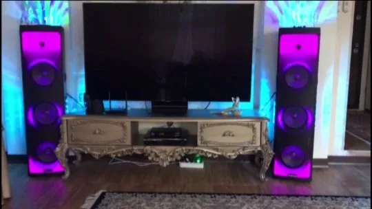 اسپیکر با بلوتوث و ورودی اپتیکال مکسیدر، رنگ مشکی و بنفش، جنس پلاستیک، ایستاده، نوردار