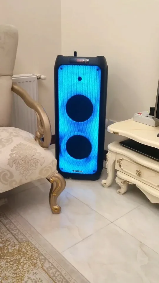 اسپیکر شارژی رقصنوردار آیوا، رنگ مشکی و آبی، جنس پلاستیک، ایستاده بزرگ