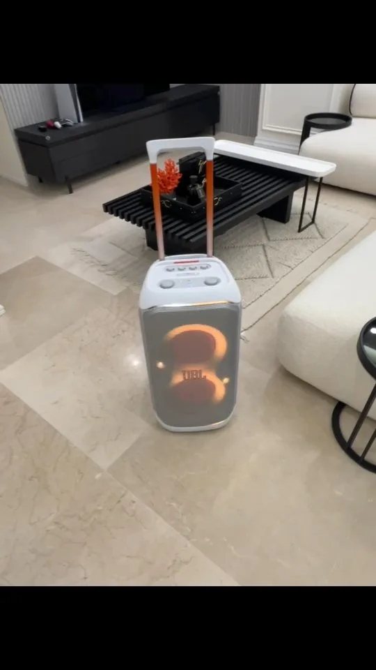 اسپیکر پارتیباکس سفید JBL، رنگ نارنجی، جنس پلاستیک، چرخدار، دستهدار