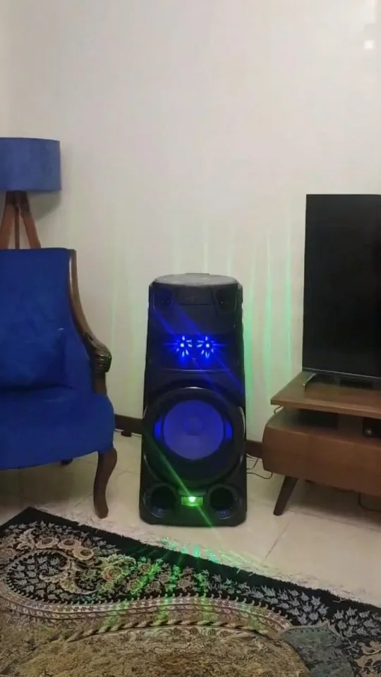 اسپیکر V73 سونی، رنگ مشکی، آبی و سبز، جنس پلاستیک، ایستاده، نوردار
