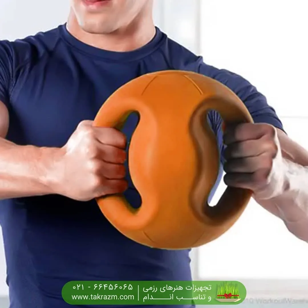 توپ مدیسین بال دسته‌دار، رنگ نارنجی، جنس لاستیک، توپی با دسته