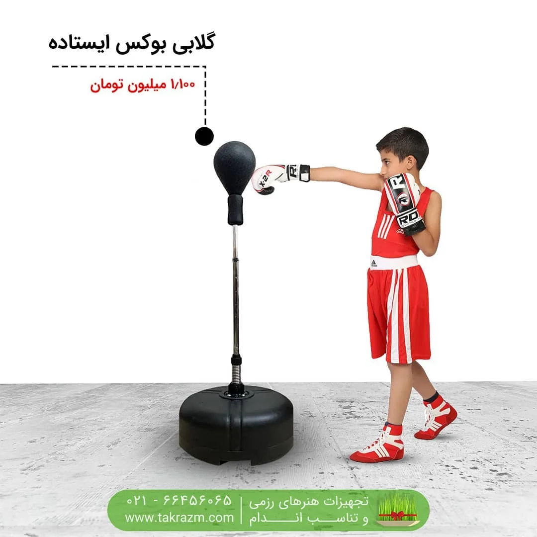 گلابی بوکس ایستاده پایه‌دار، رنگ مشکی و نقره ای، جنس چرم مصنوعی و استیل، توپی روی پایه