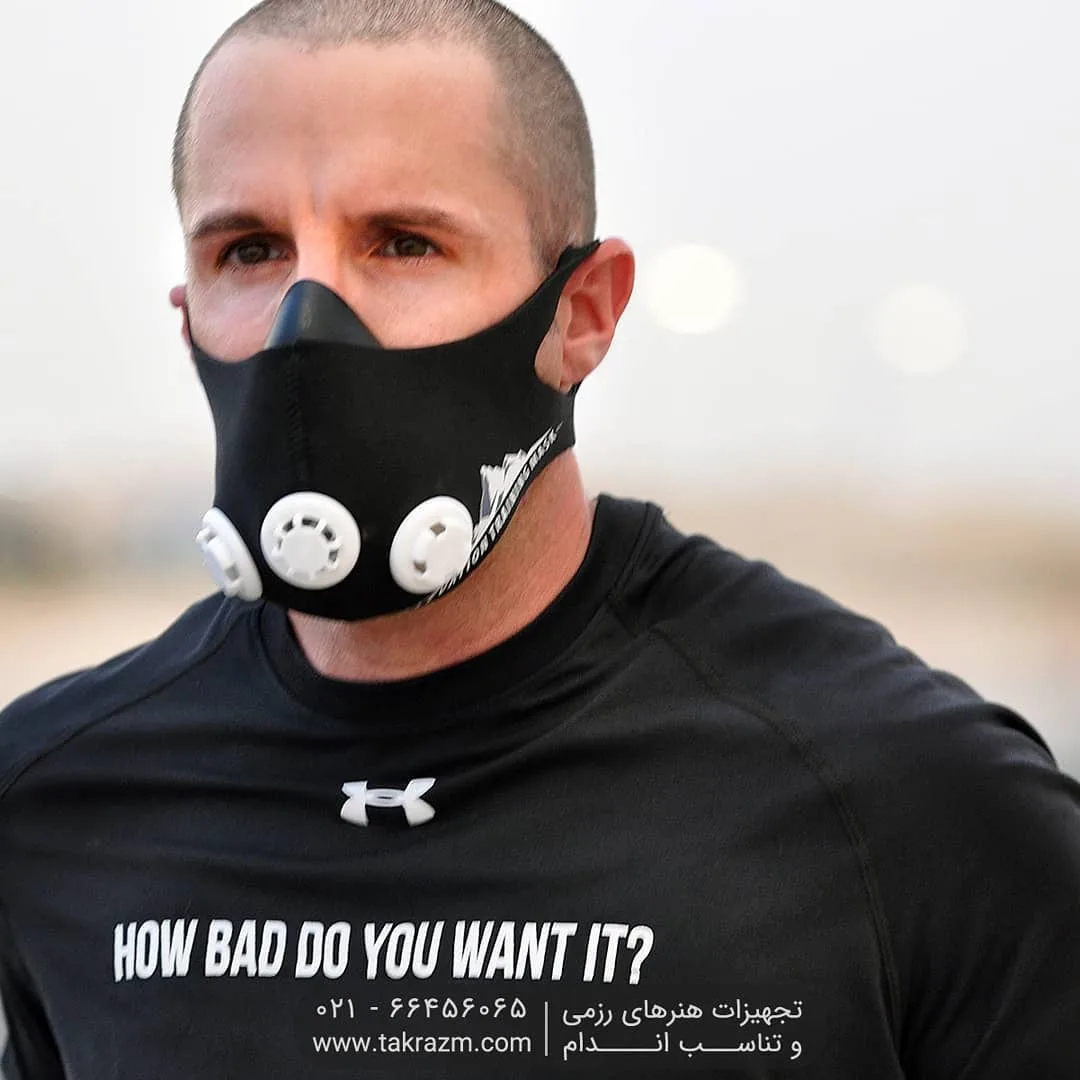 ماسک تمرین تقویت تنفس مدل ۲۰۱۹ PowerGYM، رنگ مشکی و سفید، ماسک تنفسی با دریچه