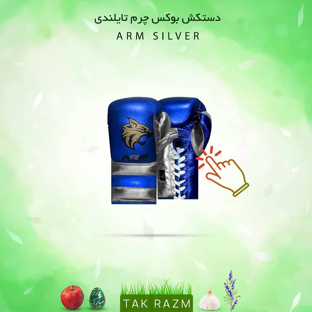 دستکش بوکس چرم تایلندی ARM، رنگ آبی و نقره‌ای، بنددار