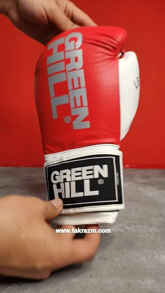 دستکش بوکس چرم طبیعی Green Hill، رنگ قرمز، سفید و مشکی، چرمی بندی استاندارد