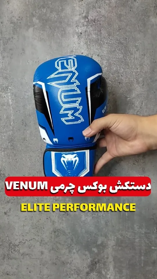 دستکش بوکس چرمی ۱۰ و ۱۲ اونس ونوم، رنگ آبی، سفید و مشکی
