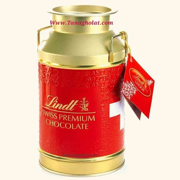 شکلات لینت لیندور چورن، رنگ قرمز و طلایی، جنس فلز، قوطی استوانه‌ای