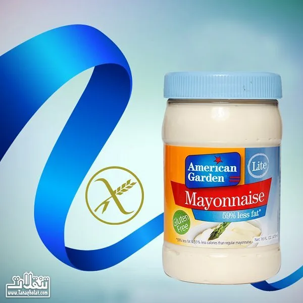 سس مایونز کم چرب بدون گلوتن امریکن گاردن، رنگ سفید، آبی و نارنجی، جنس شیشه، جار شیشه‌ای