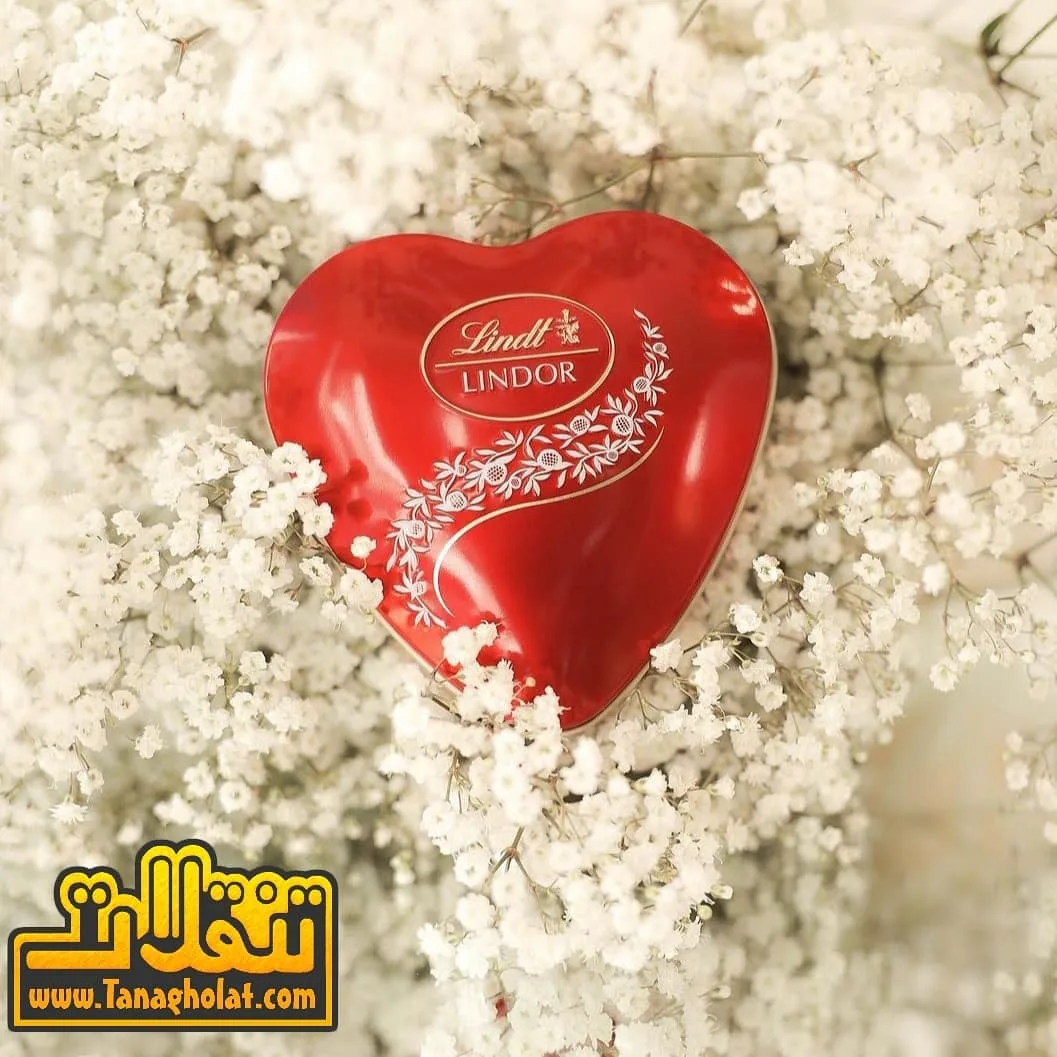 شکلات قلبی لیندور جعبه فلزی ۶۰ گرمی، رنگ قرمز و سفید، قوطی فلزی قلبی