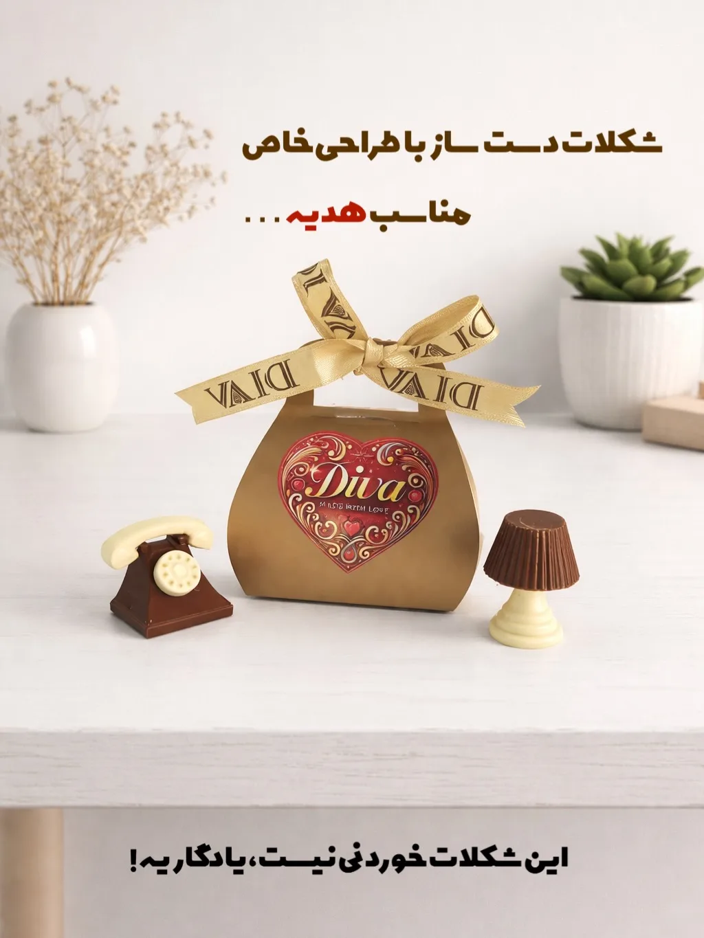 شکلات دست‌ساز کادویی، رنگ طلایی، قهوه‌ای و سفید، شکلات با طرح تلفن و آباژور