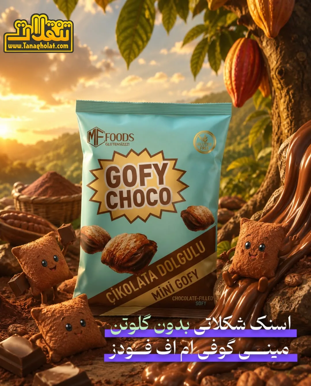 اسنک شکلاتی مینی گوفی بدون گلوتن MF Foods، رنگ آبی روشن و قهوهای، بسته با طرح عروسکی