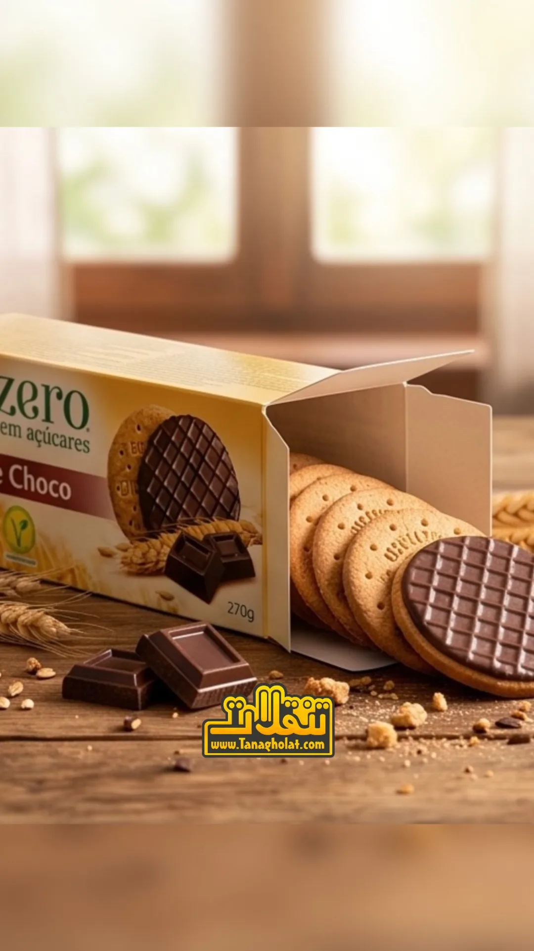 بیسکویت دایجستیو روکش شکلات تلخ بدون شکر گولون، رنگ زرد و قهوه‌ای، جنس مقوا، طرح مشبک، مستطیلی جعبه‌ای