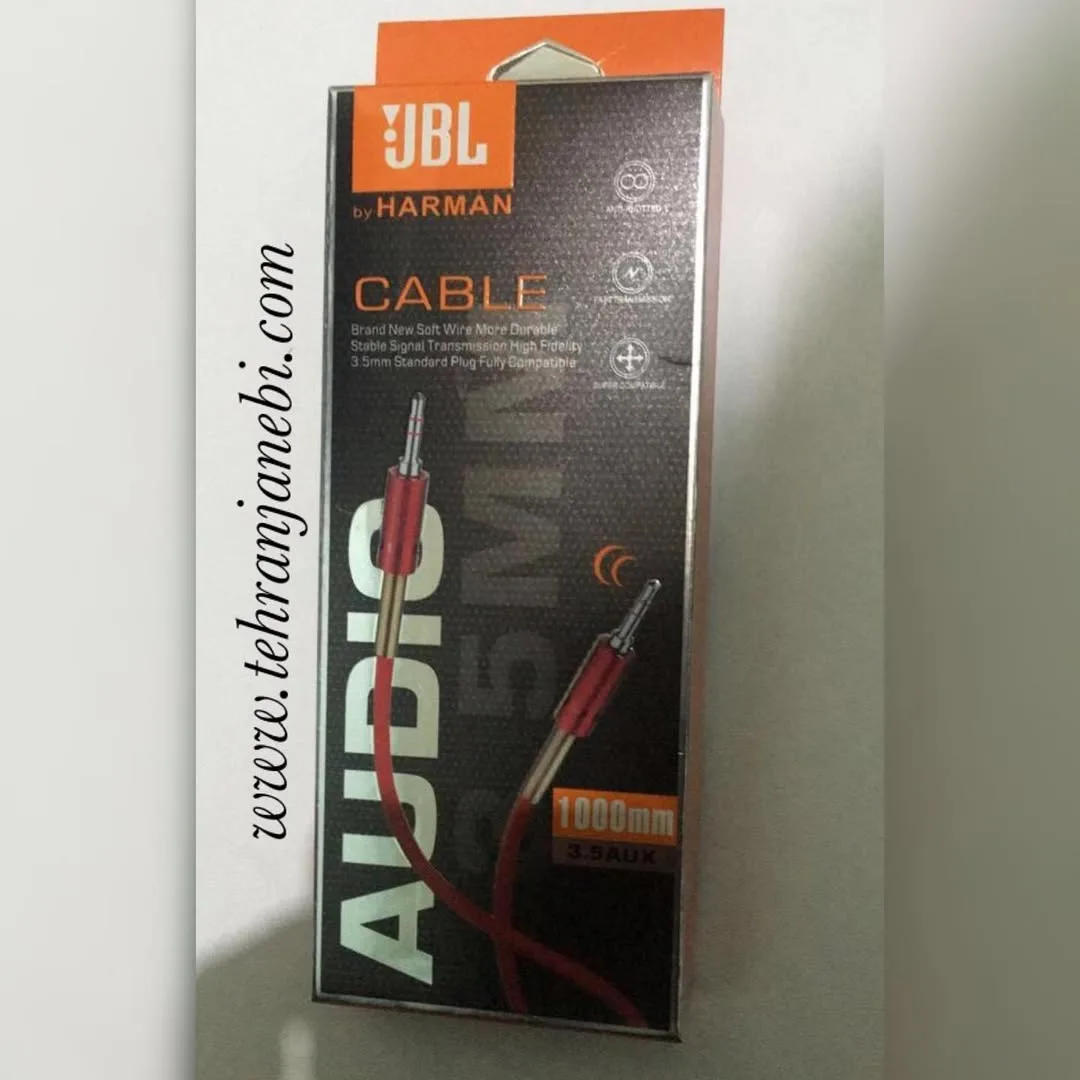 کابل AUX جیبیال JBL، رنگ نارنجی و مشکی، جنس مقوا، مکعب مستطیل