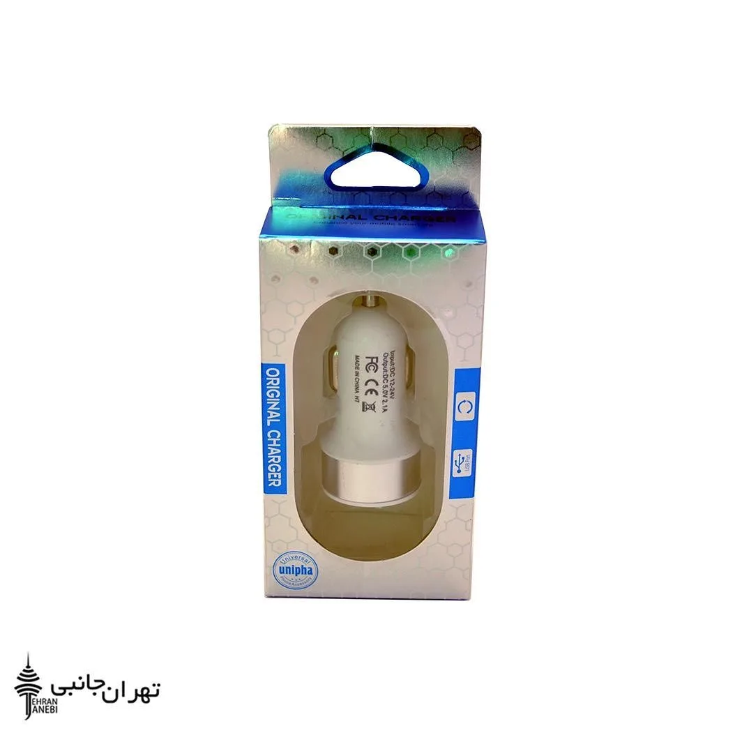 شارژر فندکی دو پورت پک دار، رنگ سفید، جنس پلاستیک، استوانه‌ای