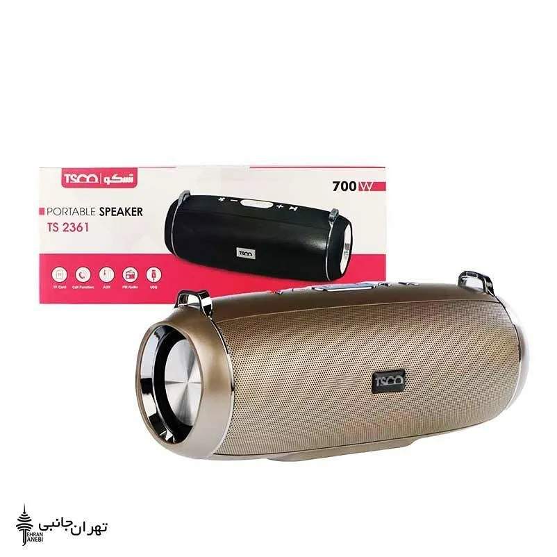 اسپیکر بلوتوث تسکو 2361، رنگ طلایی و مشکی، جنس پلاستیک و فلز، استوانه‌ای، پرتابل