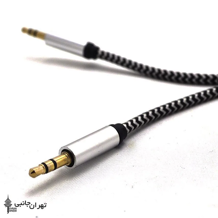 کابل AUX کله فلزی یک متری، رنگ خاکستری، مشکی و طلایی، جنس پلاستیک، طرح راه‌راه، جک ۳.۵ میلی‌متری