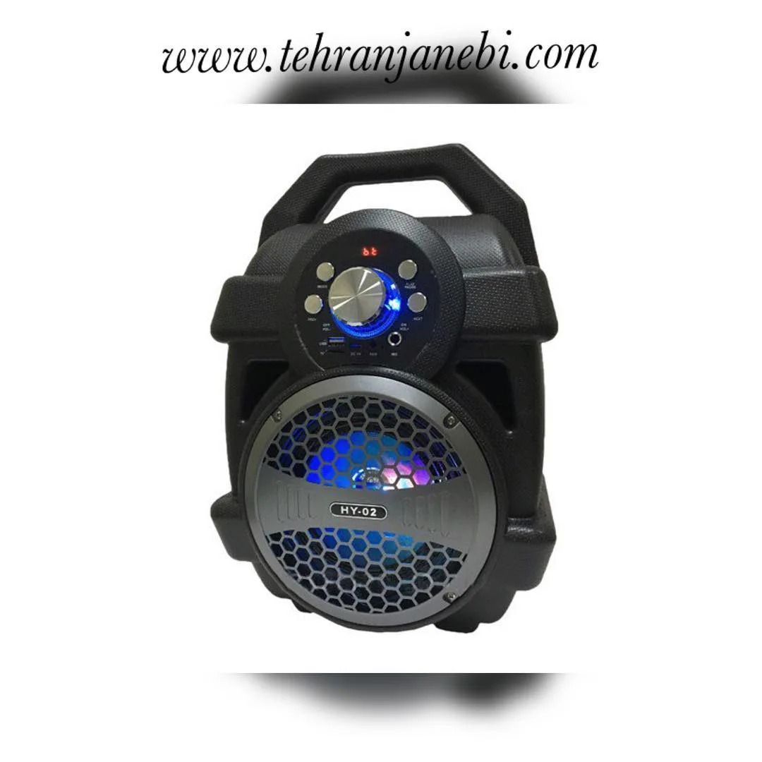 اسپیکر بی‌سیم HY-02، رنگ سیاه و نقره‌ای، جنس پلاستیک و فلز، اسپیکر قابل‌حمل دسته‌دار
