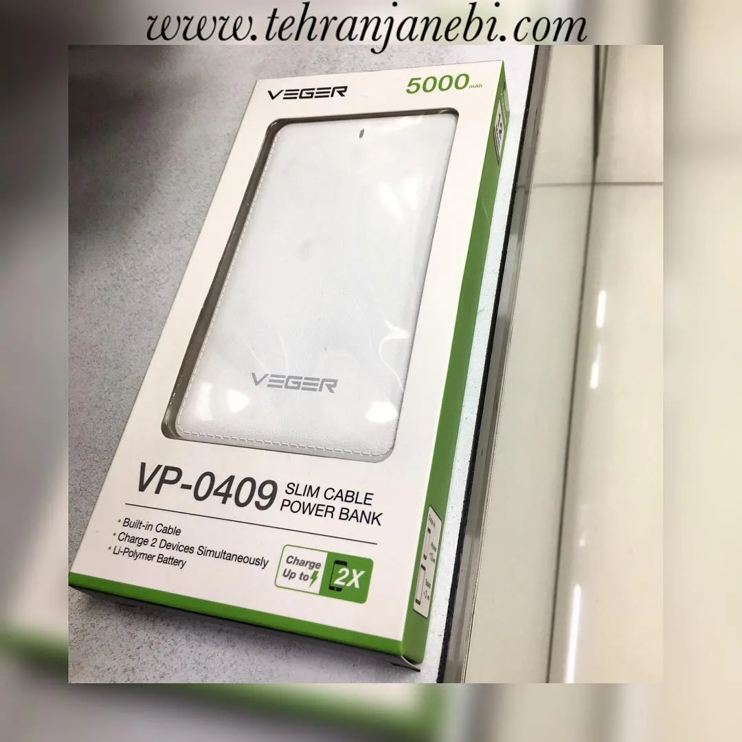 پاوربانک ۵۰۰۰ بدنه چرمی VEGER، رنگ سفید، جنس پلاستیک، مستطیلی، تخت