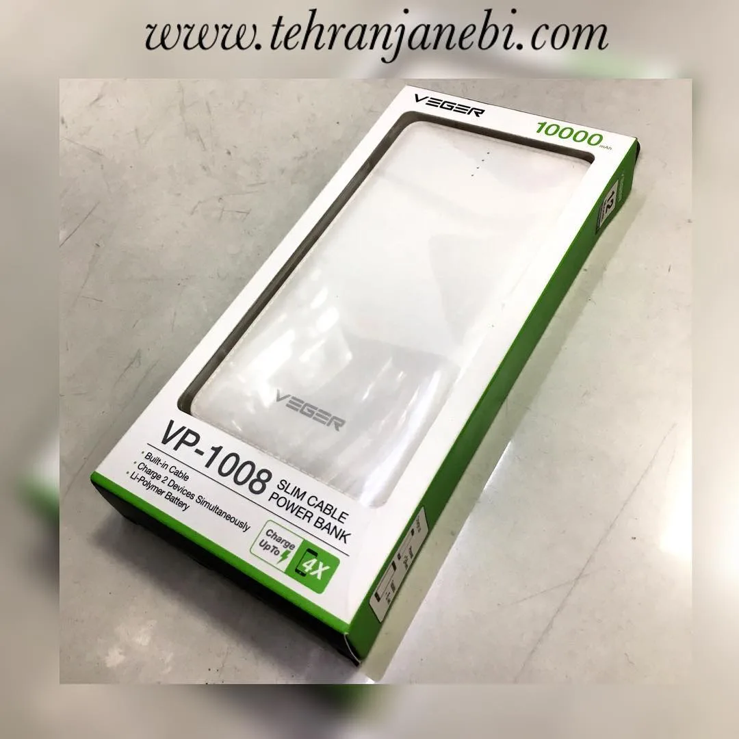 پاوربانک ۱۰۰۰۰ بدنه چرمی VP-1008 VEGER، رنگ سفید و سبز، جنس پلاستیک، مستطیلی