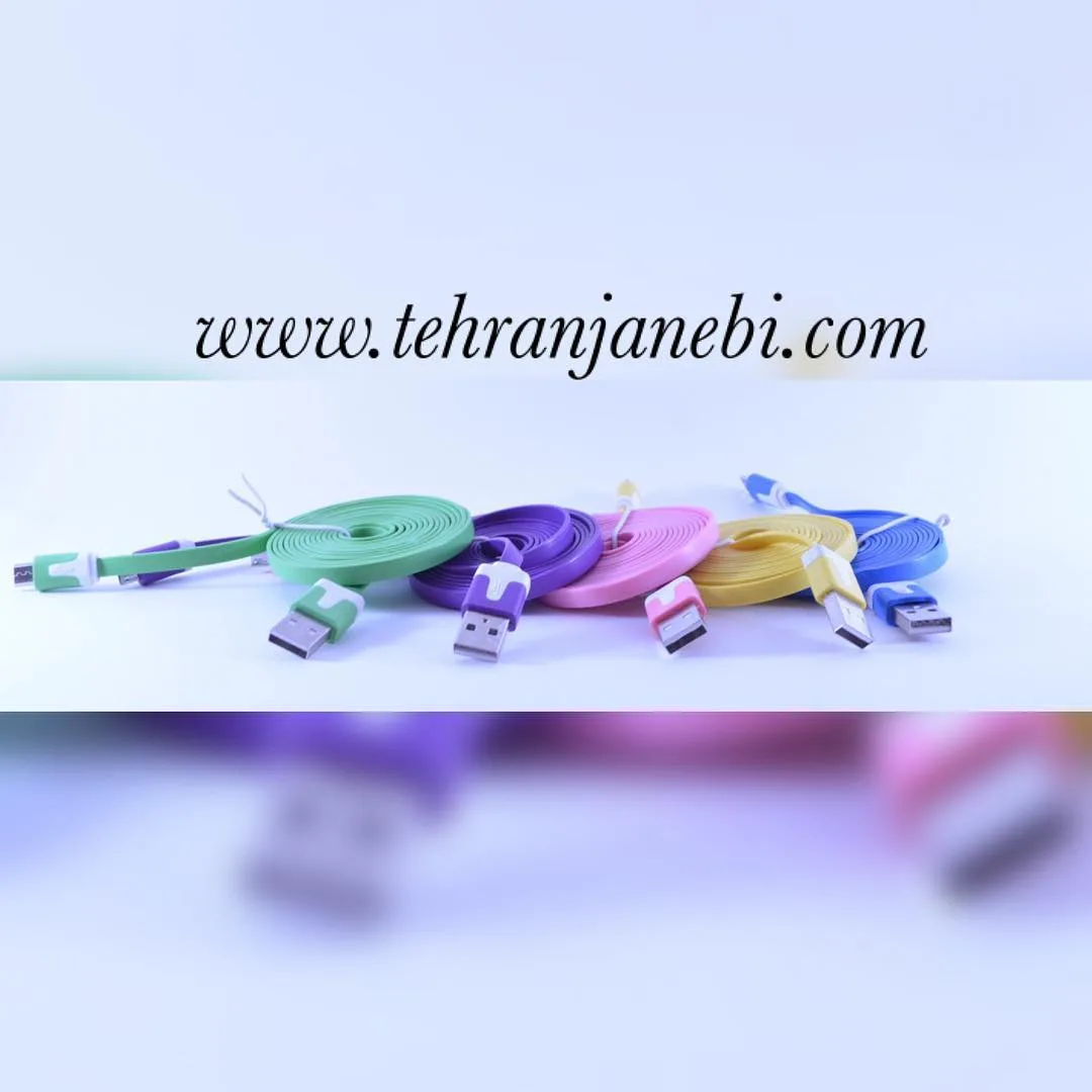 کابل شارژ فست ۲ متری، رنگ سبز، بنفش، صورتی، زرد و آبی، جنس پلاستیک، تخت با سر USB