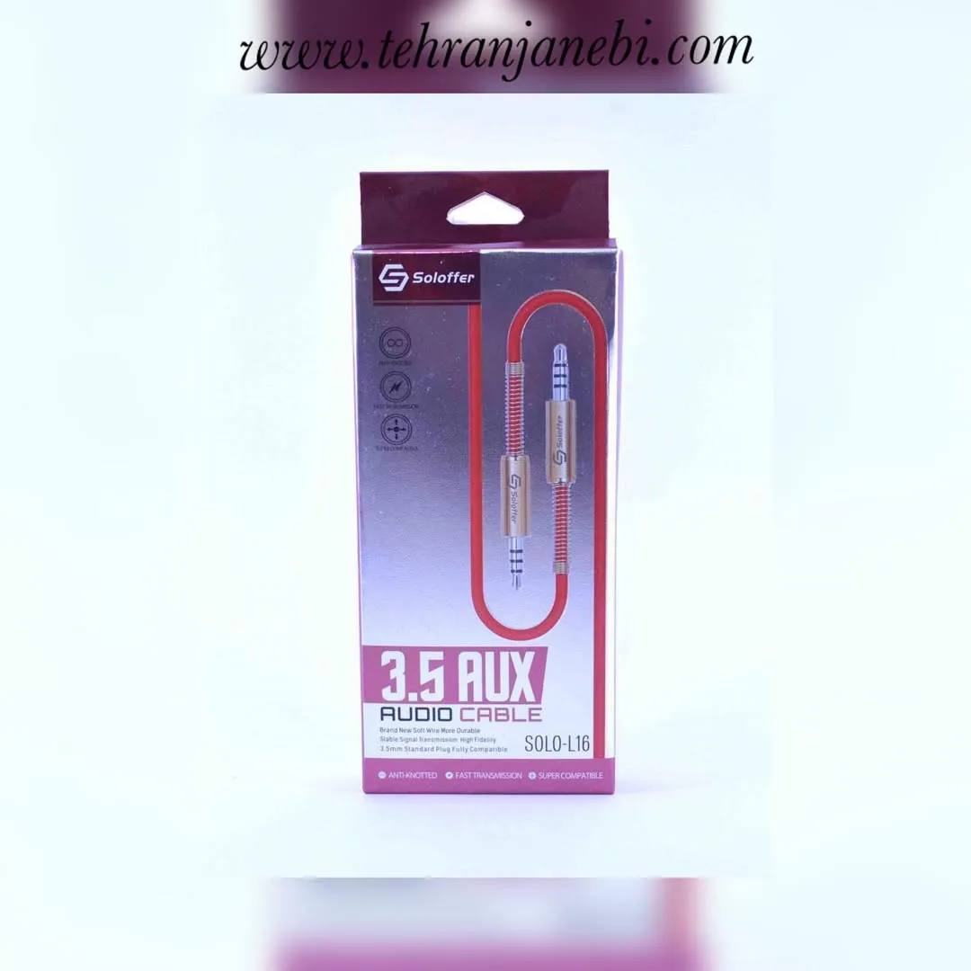 کابل AUX مدل L16 soloffer، رنگ قرمز و نقره‌ای، جنس پلاستیک و فلز، جک ۳.۵ میلی‌متری