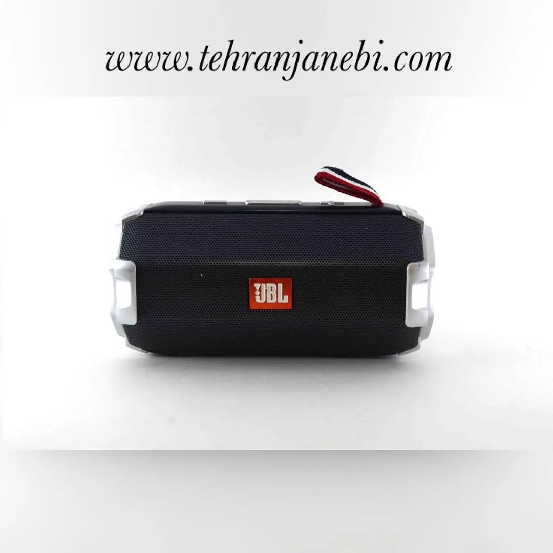 اسپیکر مدل FCW JBL، رنگ مشکی، قرمز و سفید، جنس پلاستیک و پارچه، استوانه‌ای افقی