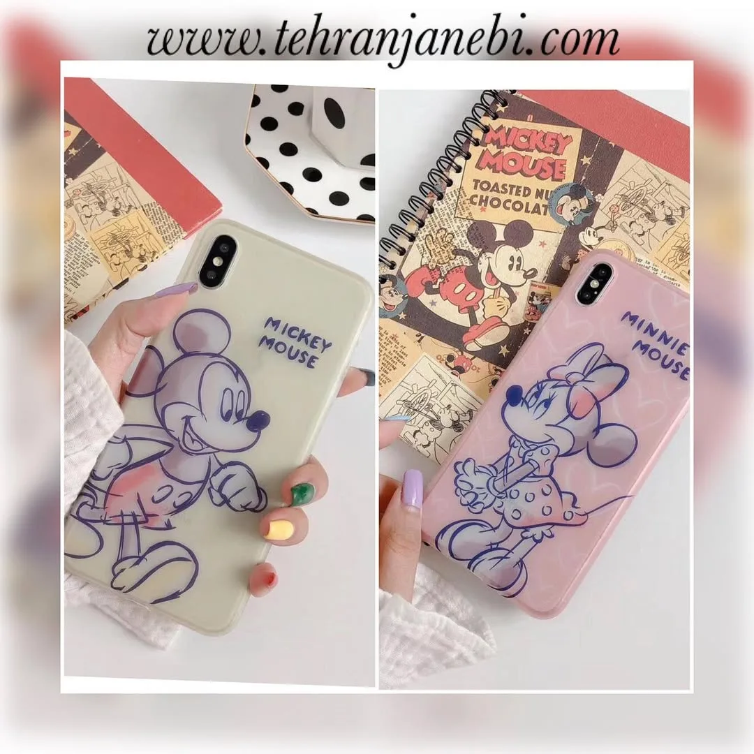 قاب ژله‌ای میکی و مینی، رنگ سفید و صورتی، جنس سیلیکون، طرح شخصیت کارتونی، پشت بسته