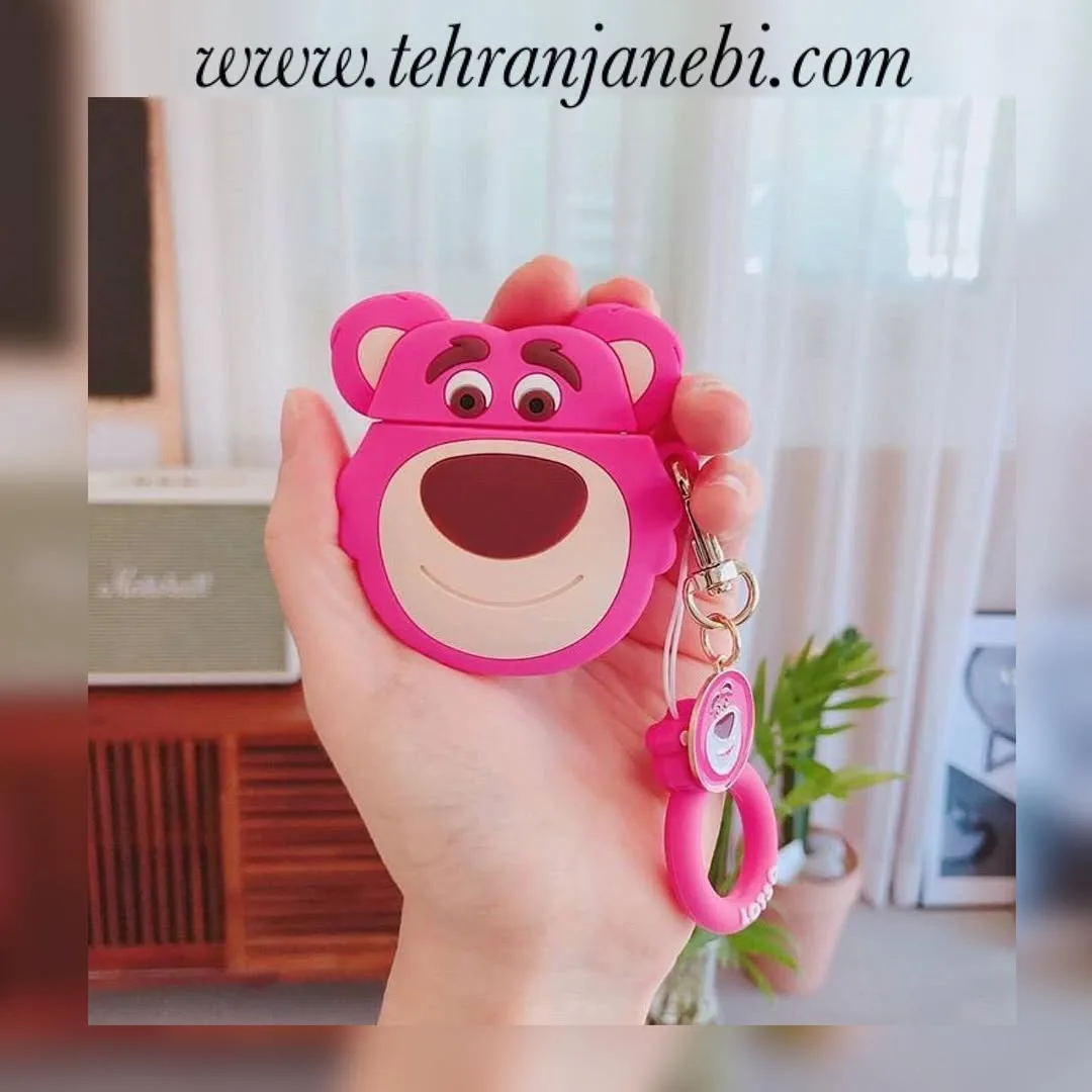 کیف ایرپاد عروسکی سیلیکونی، رنگ صورتی، طرح شخصیت کارتونی، سر خرسی