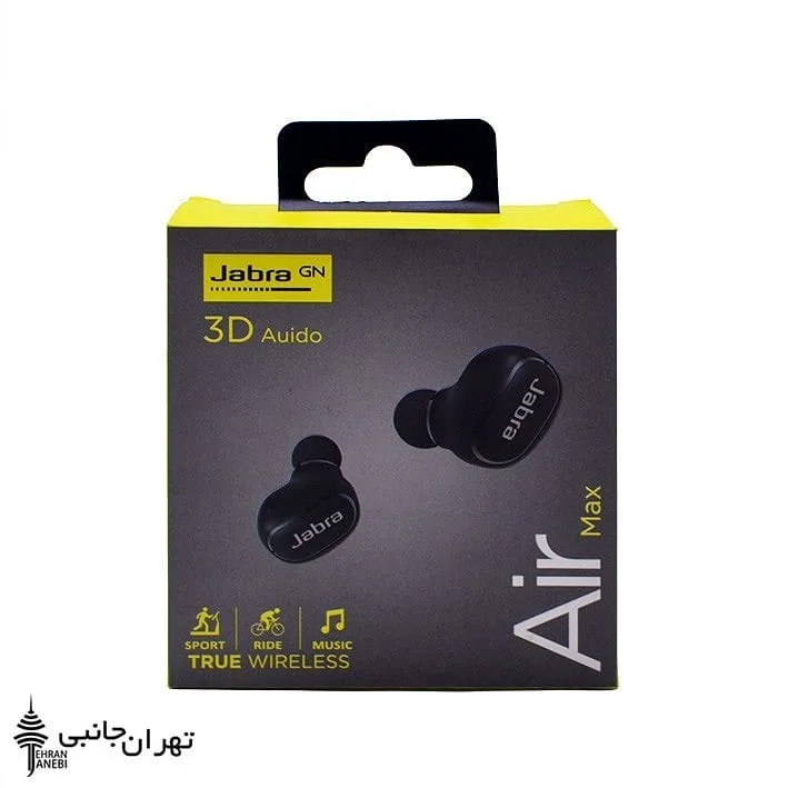 هندزفری بلوتوثی Jabra Air Max، رنگ مشکی و زرد، جنس مقوا، جعبه بسته‌بندی آویزدار