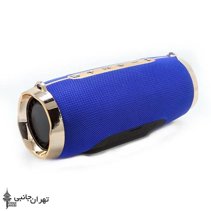 اسپیکر بلوتوثی Charge 5 Plus، رنگ آبی، طلایی و مشکی، جنس پلاستیک و فلز، استوانه‌ای، دکمه‌دار