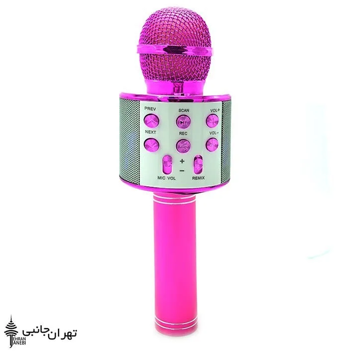 اسپیکر میکروفون WS-858، رنگ صورتی و نقره‌ای، جنس پلاستیک و فلز، دستی بلوتوثی