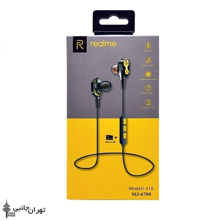 هندزفری ریلمی A10 realme، رنگ مشکی و طلایی، جنس پلاستیک، تو-گوشی، باسیم