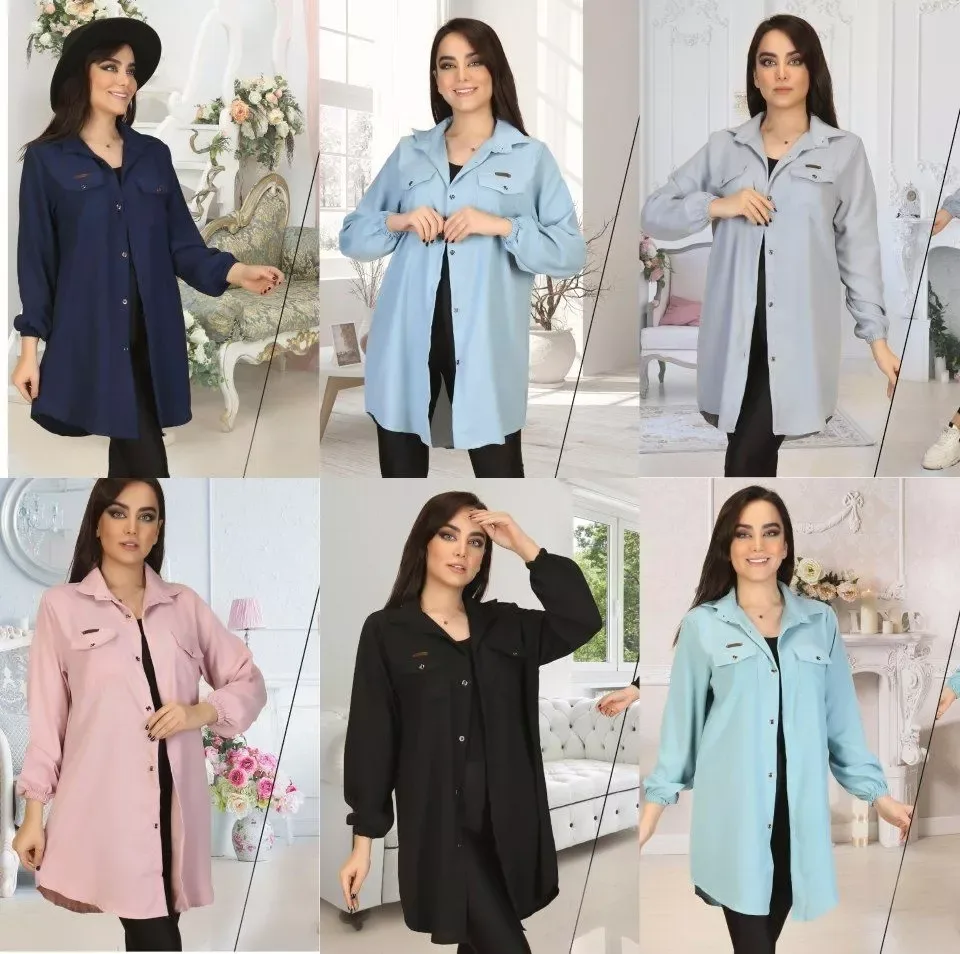 مانتو بنتون کره‌ای فری سایز، رنگ سرمه‌ای، آبی روشن، خاکستری، صورتی، مشکی و فیروزه‌ای، مدل پیراهنی، یقه دار، آستین بلند