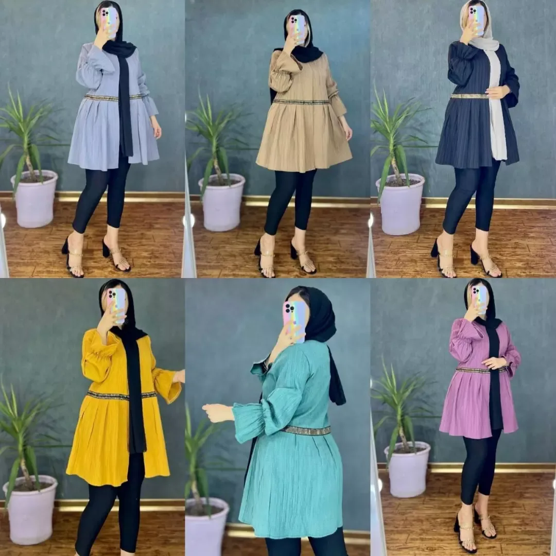 مانتو زنانه، رنگ خاکستری، کرم، مشکی، زرد، آبی و بنفش، آستین بلند، کمربنددار، کلوش