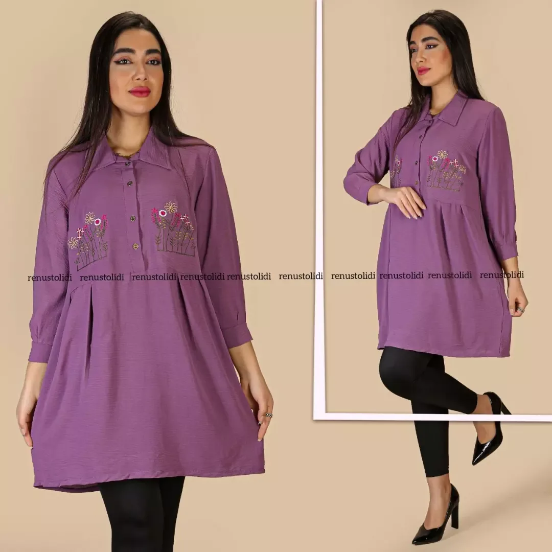 مانتو ابروبادی گلدوزی، رنگ بنفش، بلند، یقه دار، آستین بلند، گشاد