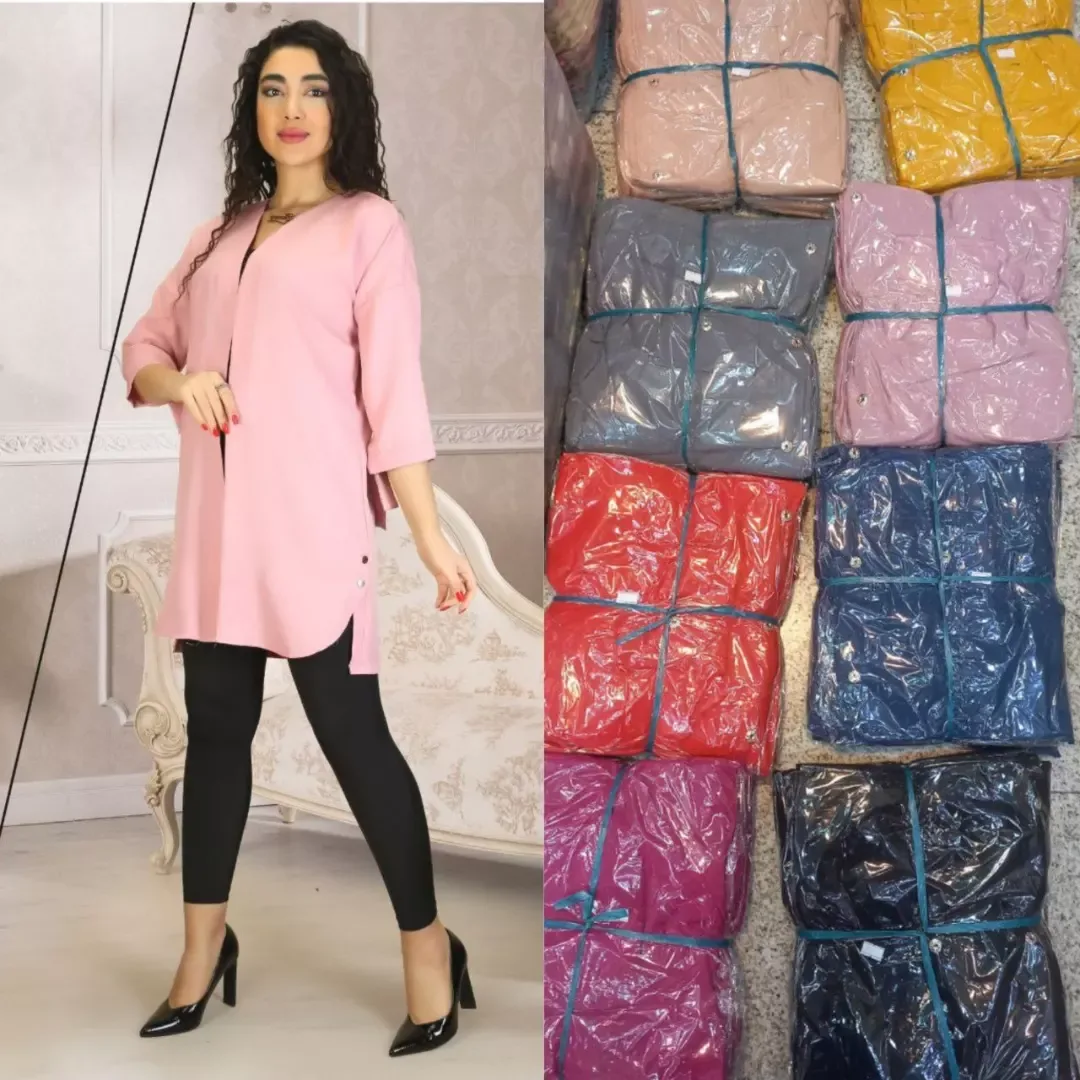 مانتو بهاره بابوس مدل ارکیده، رنگ صورتی، خاکستری، زرد، قرمز، بنفش و آبی، بلند، یقه وی، آستین سه چهارم، گشاد