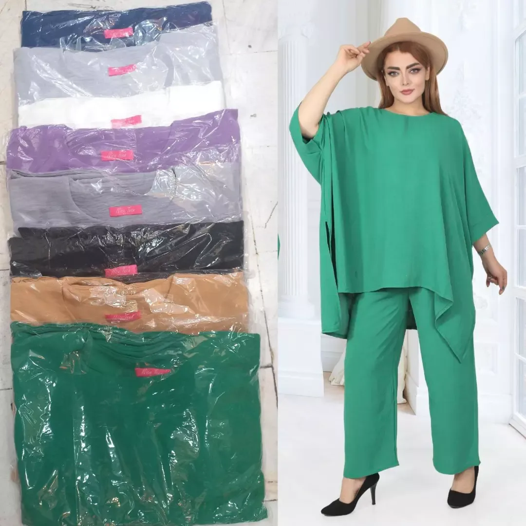 ست مانتو شلوار ابربادی، رنگ سبز، سرمه‌ای، خاکستری، سفید، بنفش و قهوه‌ای، شومیز گشاد، شلوار دمپا گشاد