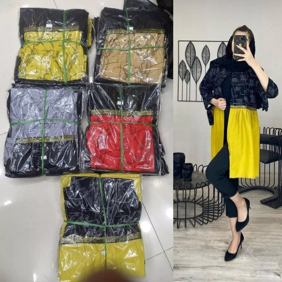مانتو بابوس چاپی آستین گرهی، رنگ زرد، مشکی، قرمز، خاکستری و قهوه‌ای، طرح هندسی، بلند، بدون یقه، آستین بلند، گشاد