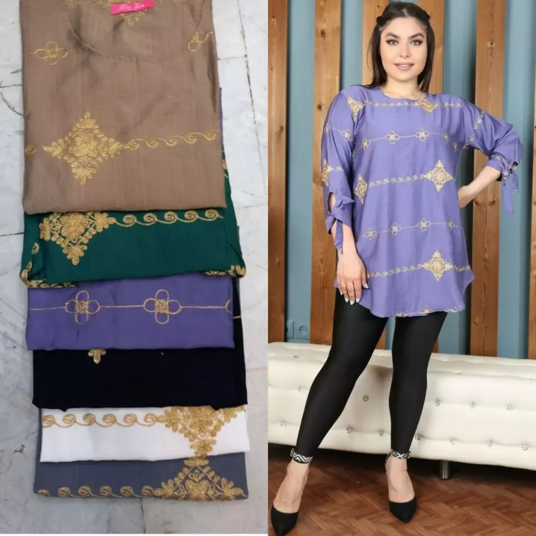 شومیز زنانه، رنگ قهوه‌ای، سبز، بنفش، مشکی، سفید و خاکستری، طرح گلدوزی، قد باسن، یقه گرد، آستین سه چهارم