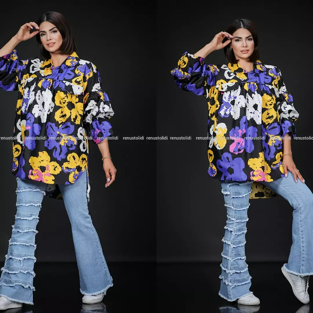 شومیز گلگلی، رنگ مشکی، زرد، بنفش و سفید، طرح گلدار، قد باسن، یقه دار، آستین بلند، گشاد