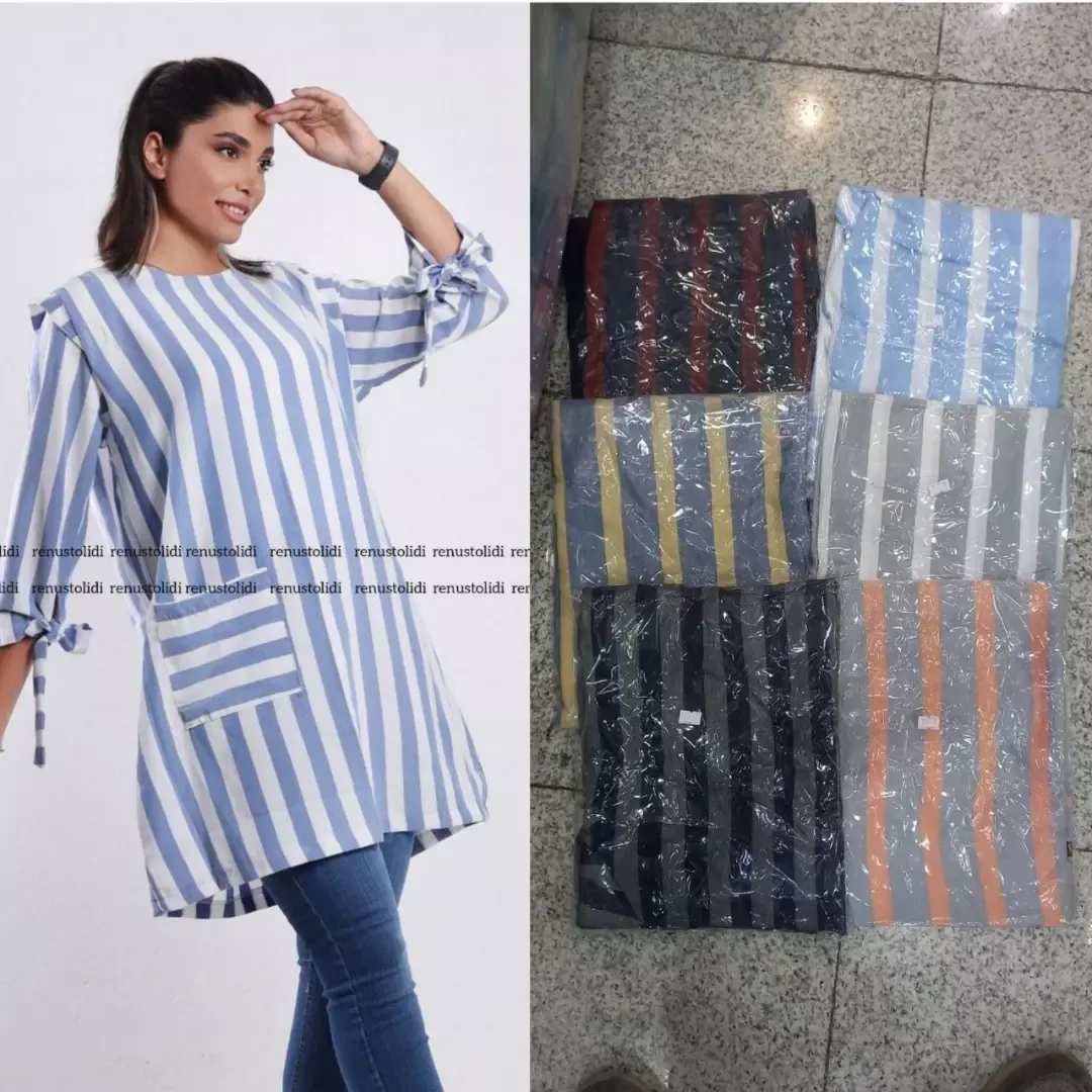 شومیز مانتویی زنانه، رنگ آبی و سفید، جنس کتان، طرح راه‌راه، بلند، یقه گرد، آستین سه ربعه