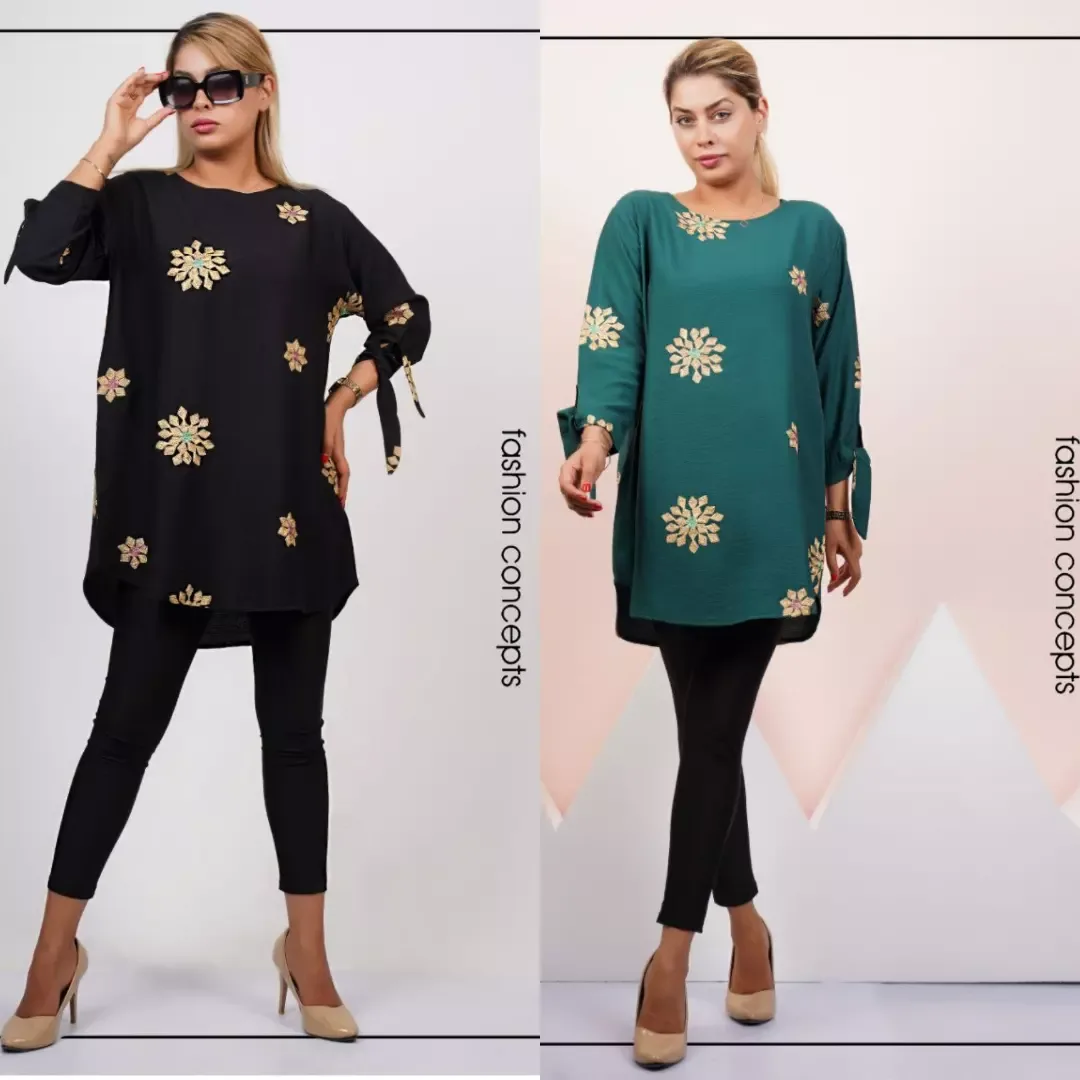 مانتو زنانه، رنگ مشکی و سبز، جنس لینن، طرح هندسی، بلند، یقه گرد، آستین بلند