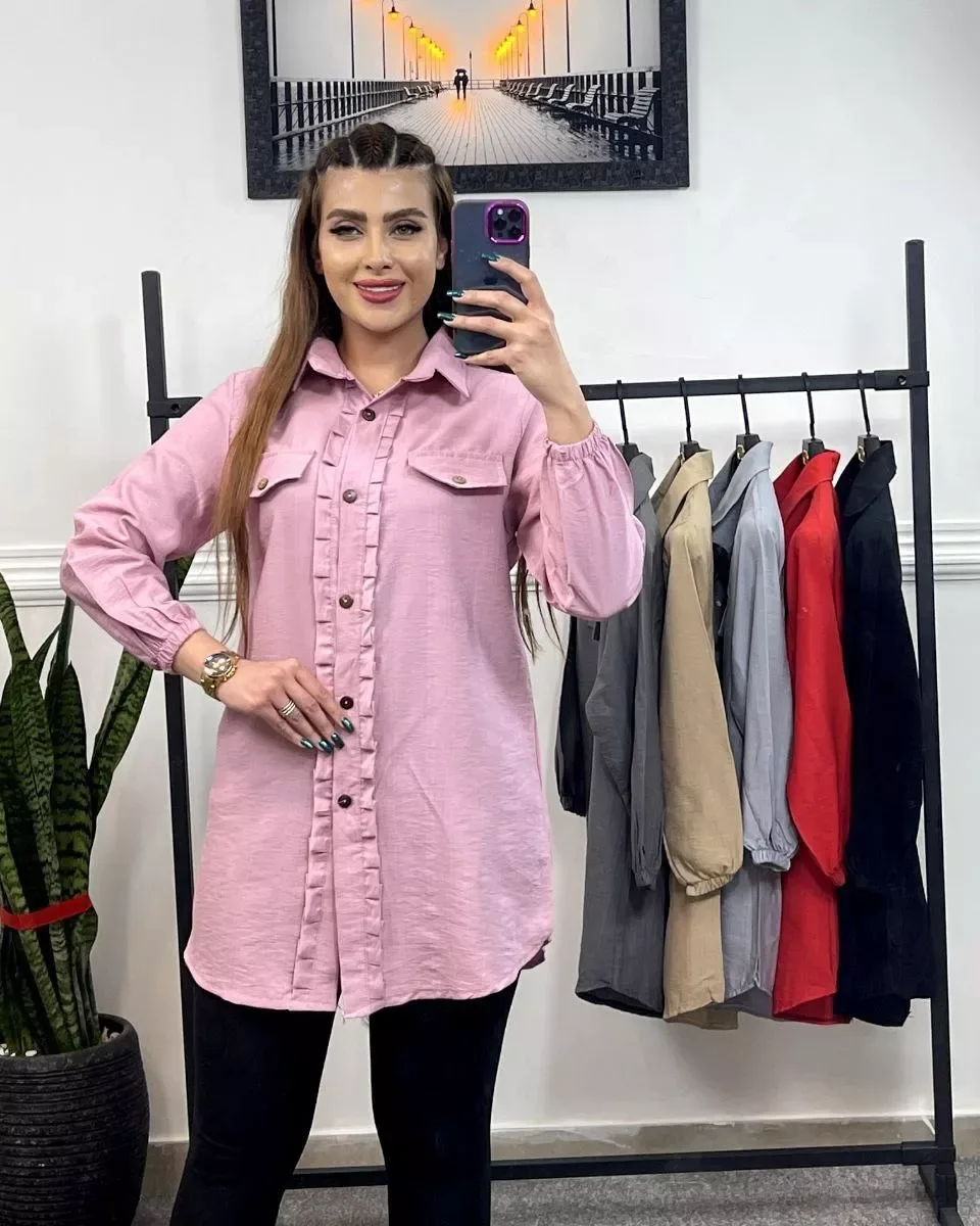 مانتو شومیز عروسکی بابوس، رنگ صورتی، طوسی، کرم، قرمز و سرمهای، بلند، یقه دار، آستین بلند، گشاد