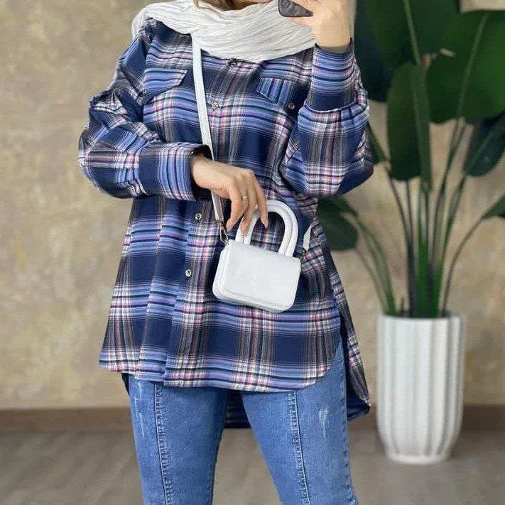 شومیز مانتویی چهارخانه، رنگ سرمه‌ای، آبی و صورتی، قد متوسط، یقه مردانه، آستین بلند