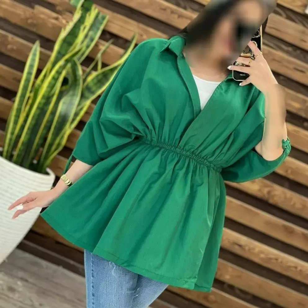 شومیز عروسکی داکرون کمرکش، رنگ سبز، یقه دار، گشاد