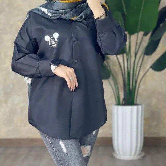 شومیز پیراهنی مشکی داکرون، بلند، یقه برگردان، آستین بلند، گشاد